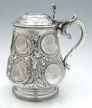 German antique silver tankard with lid and inset British silver coins